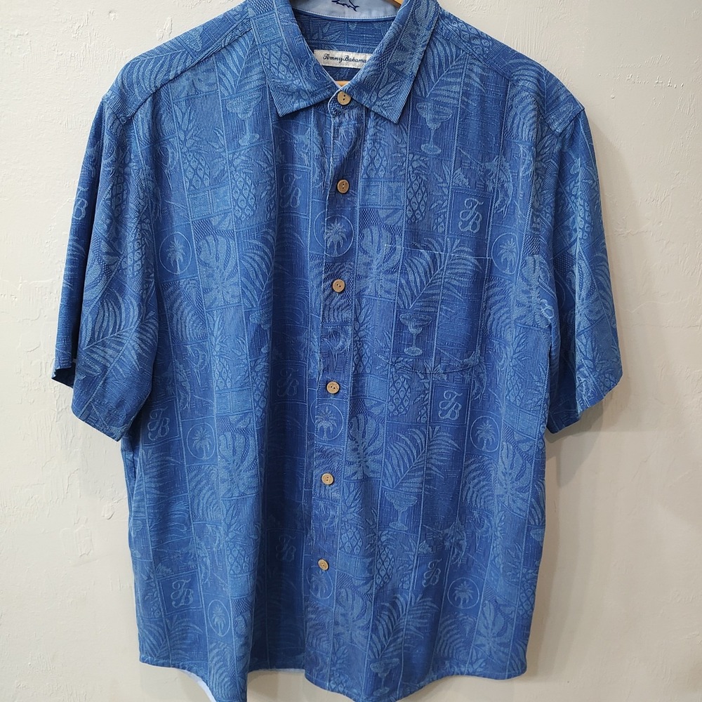 Tommy Bahama 100% Silk Hawaiian Camp Shirt Blue Floral Jacquard Men Large Marlin